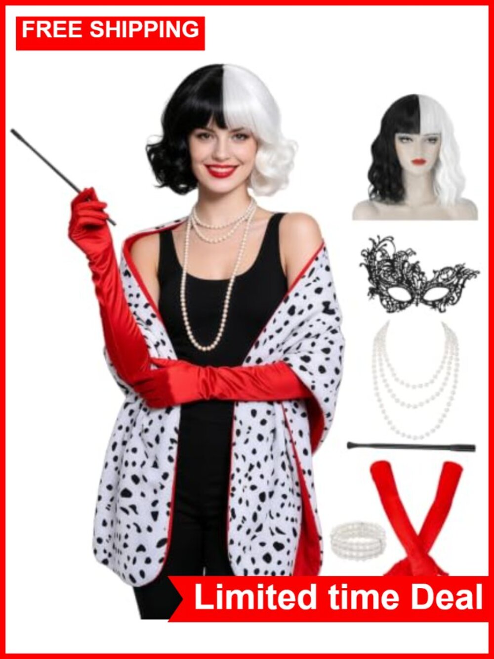 Women's Cruella Costume Set 8pc Velvet Shawl Wig Gloves Mask Cosplay
